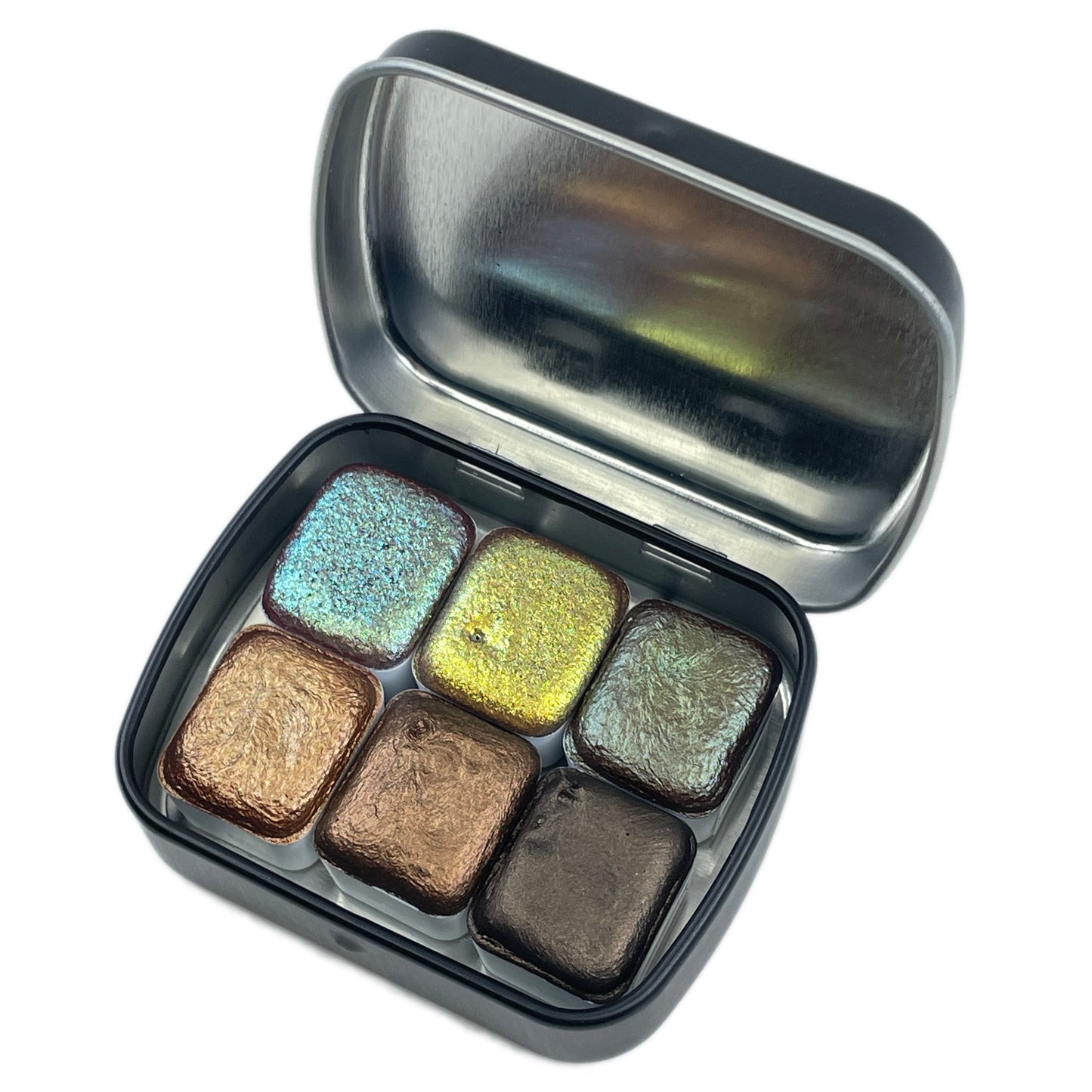 Brown set handmade watercolor paints half pans in tin case