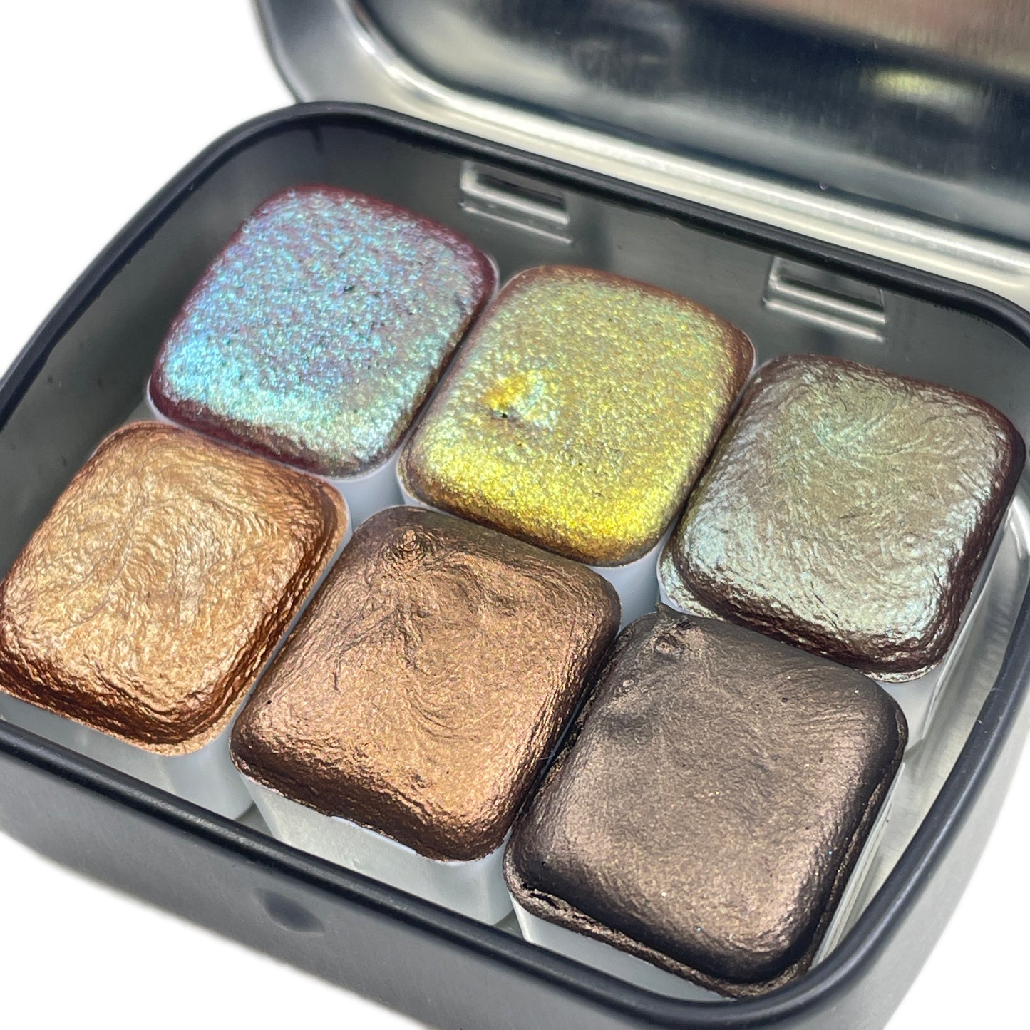 Brown set handmade watercolor paints half pans in tin case