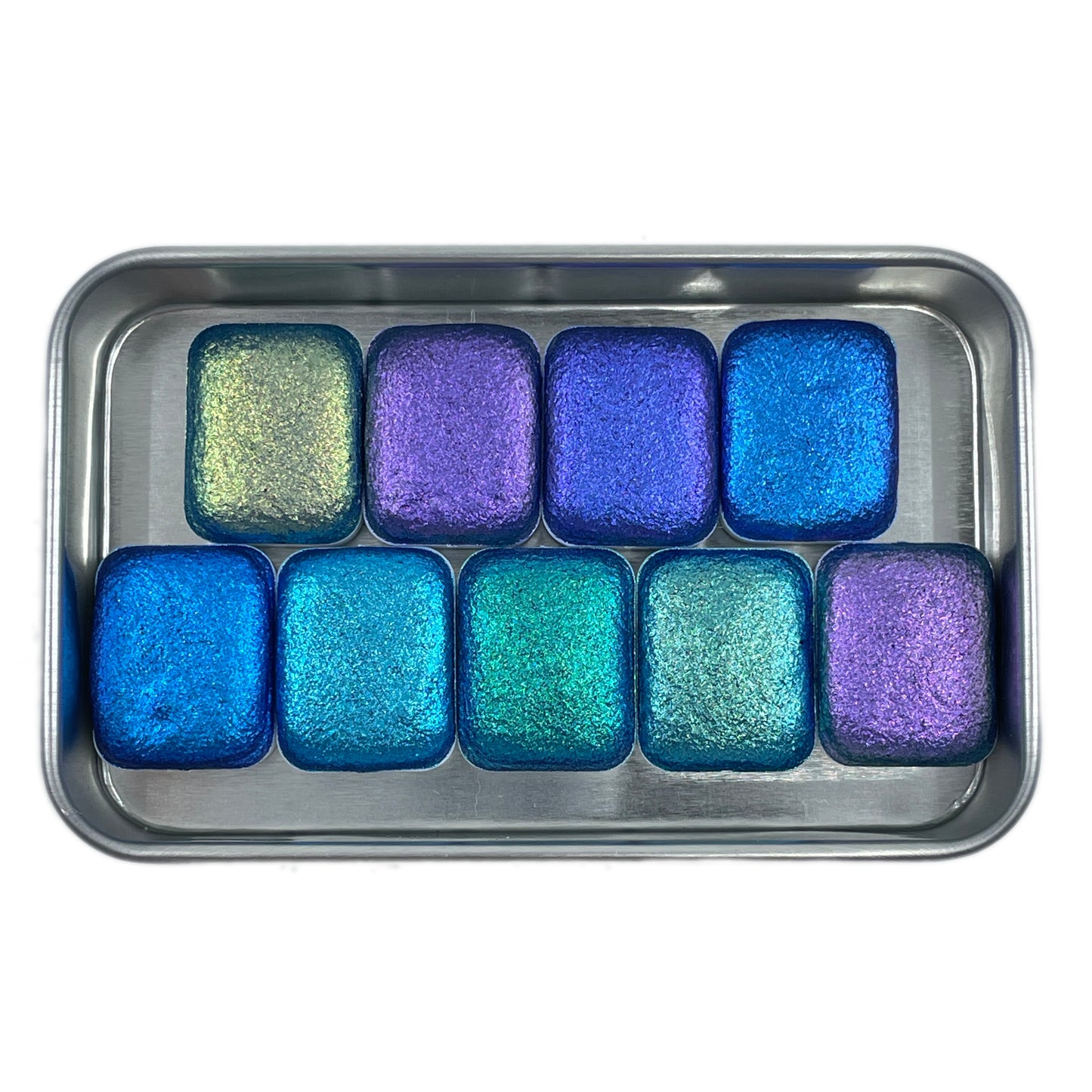 Oceans8 Quarter Pan Handmade Color Shift Aurora Shimmer Metallic Chameleon Watercolor Paints by iuilewatercolors