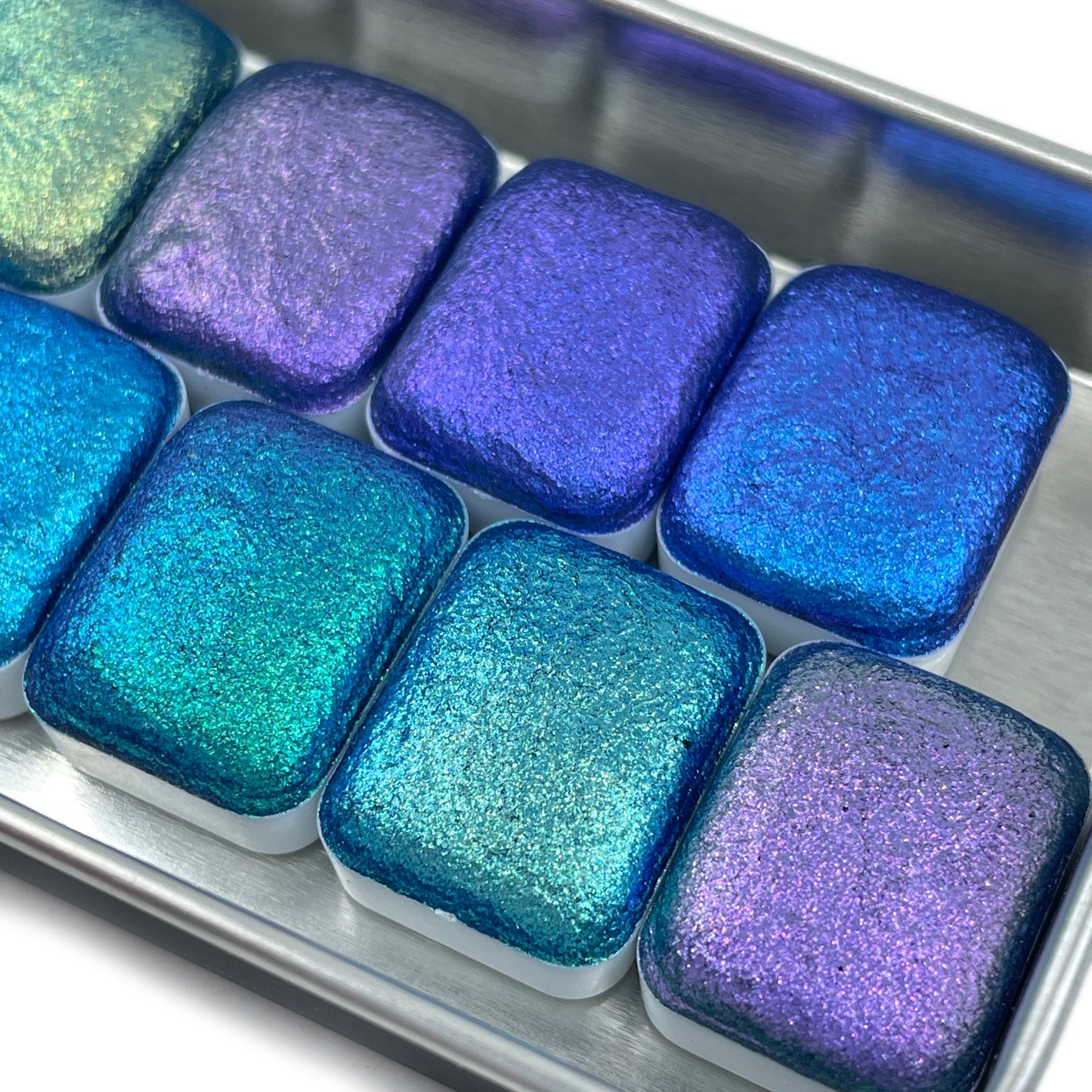 Oceans8 Quarter Pan Handmade Color Shift Aurora Shimmer Metallic Chameleon Watercolor Paints by iuilewatercolors