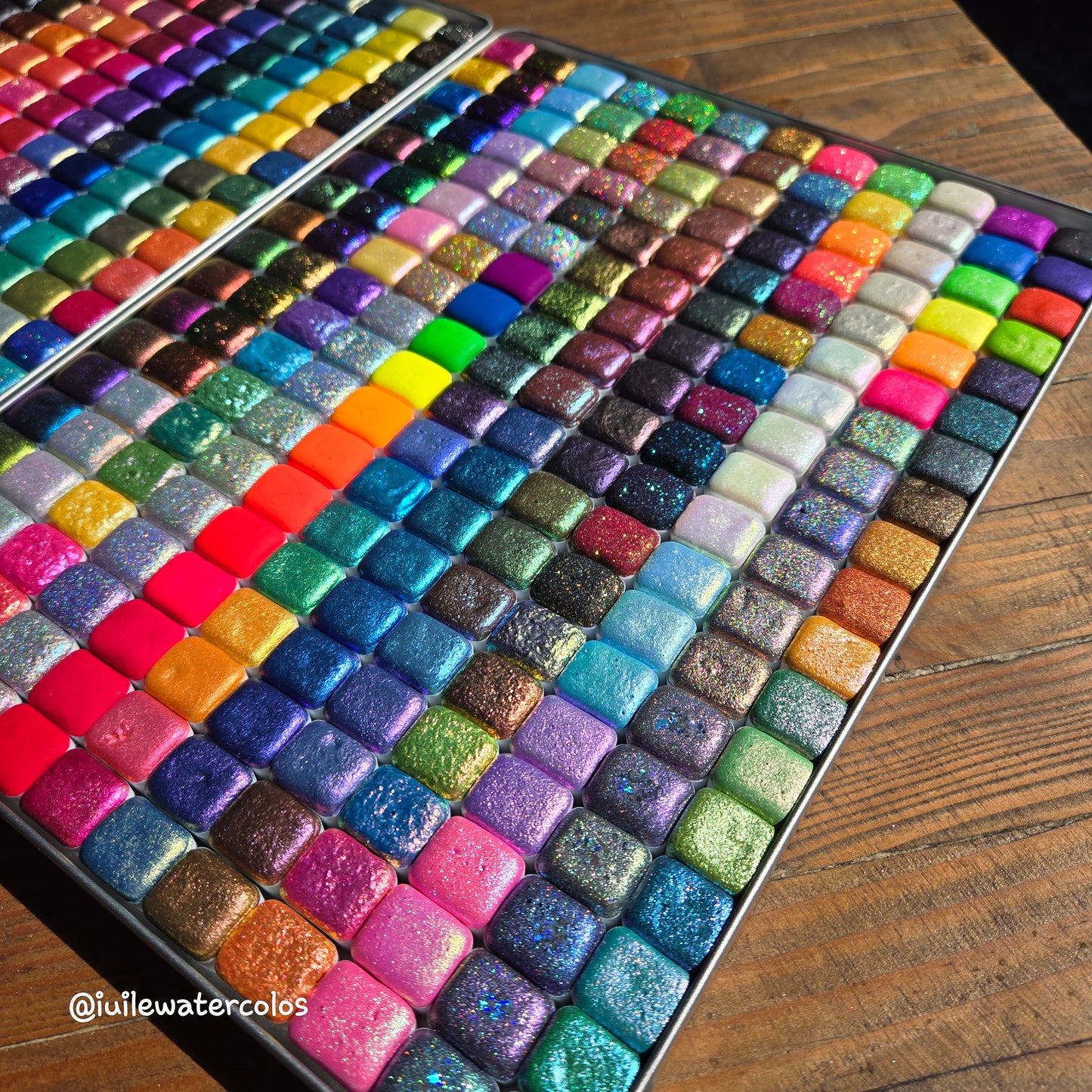 Mega Half Set Completed iuilewatercolors handmade Shimmer Colorshift Chameleon Hologram Mica Glitter paints in 2 tin cases
