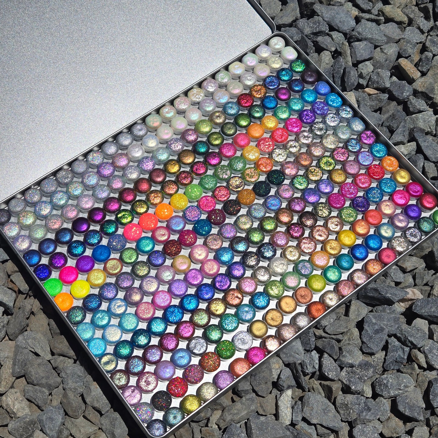 Mega Button Set Completed iuilewatercolors handmade Shimmer Colorshift Chameleon Hologram Glitter paints in a tin case