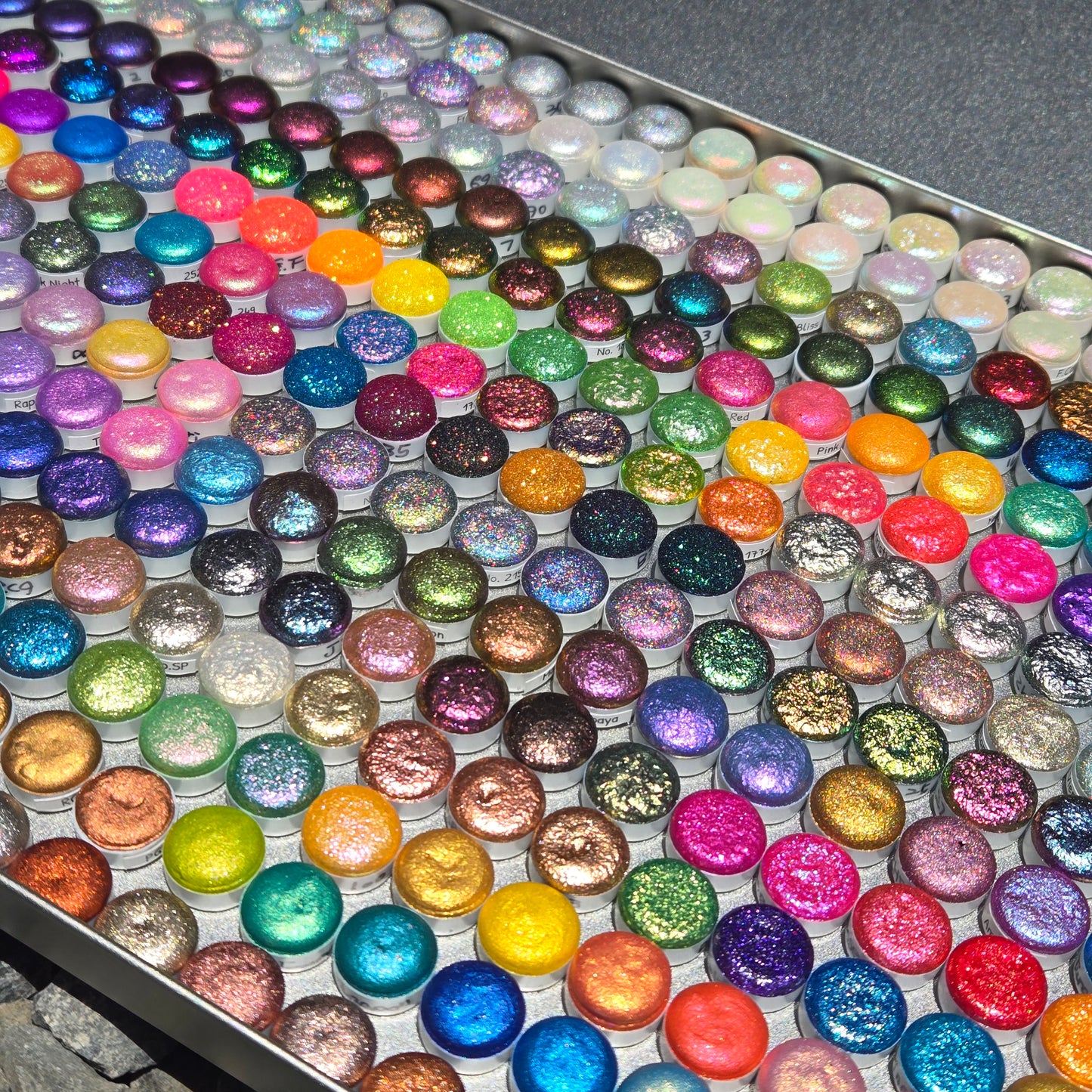 Mega Button Set Completed iuilewatercolors handmade Shimmer Colorshift Chameleon Hologram Glitter paints in a tin case