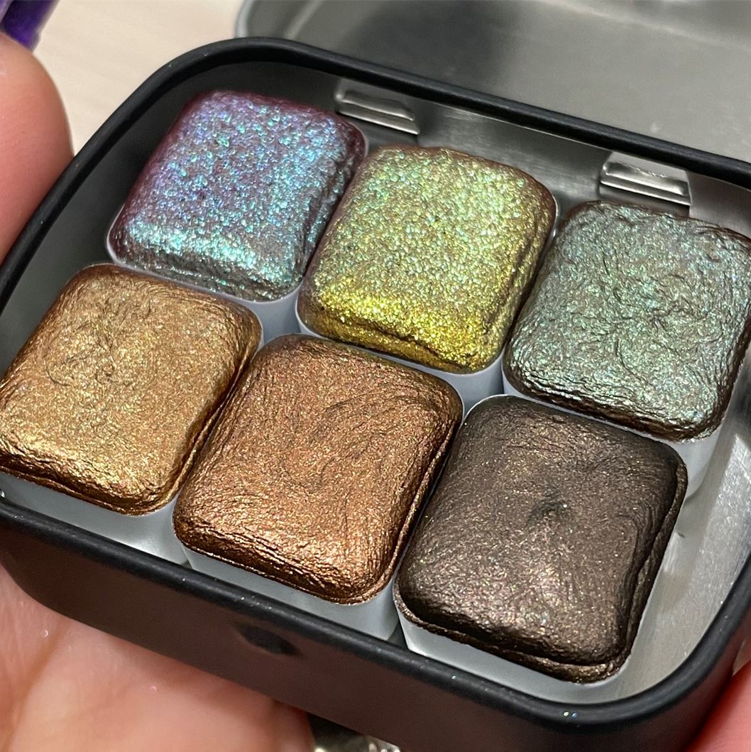 Brown set handmade watercolor paints half pans in tin case