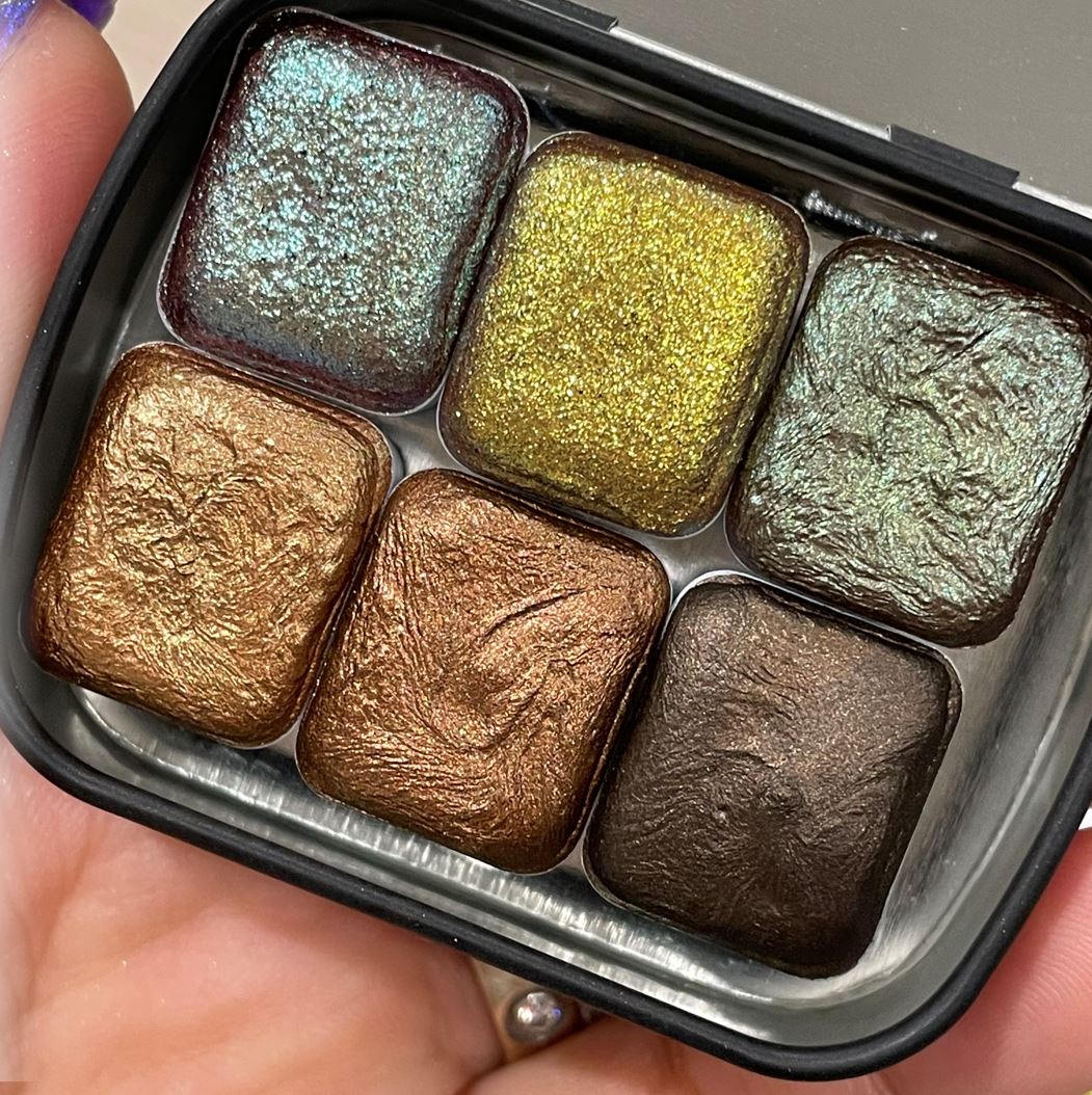 Brown set handmade watercolor paints half pans in tin case