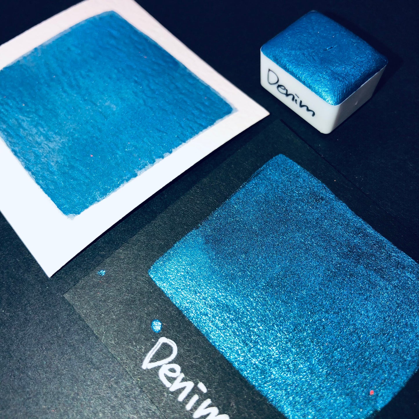 Denim Blue Handmade Metallic Shimmer Watercolor Paints Half Pan