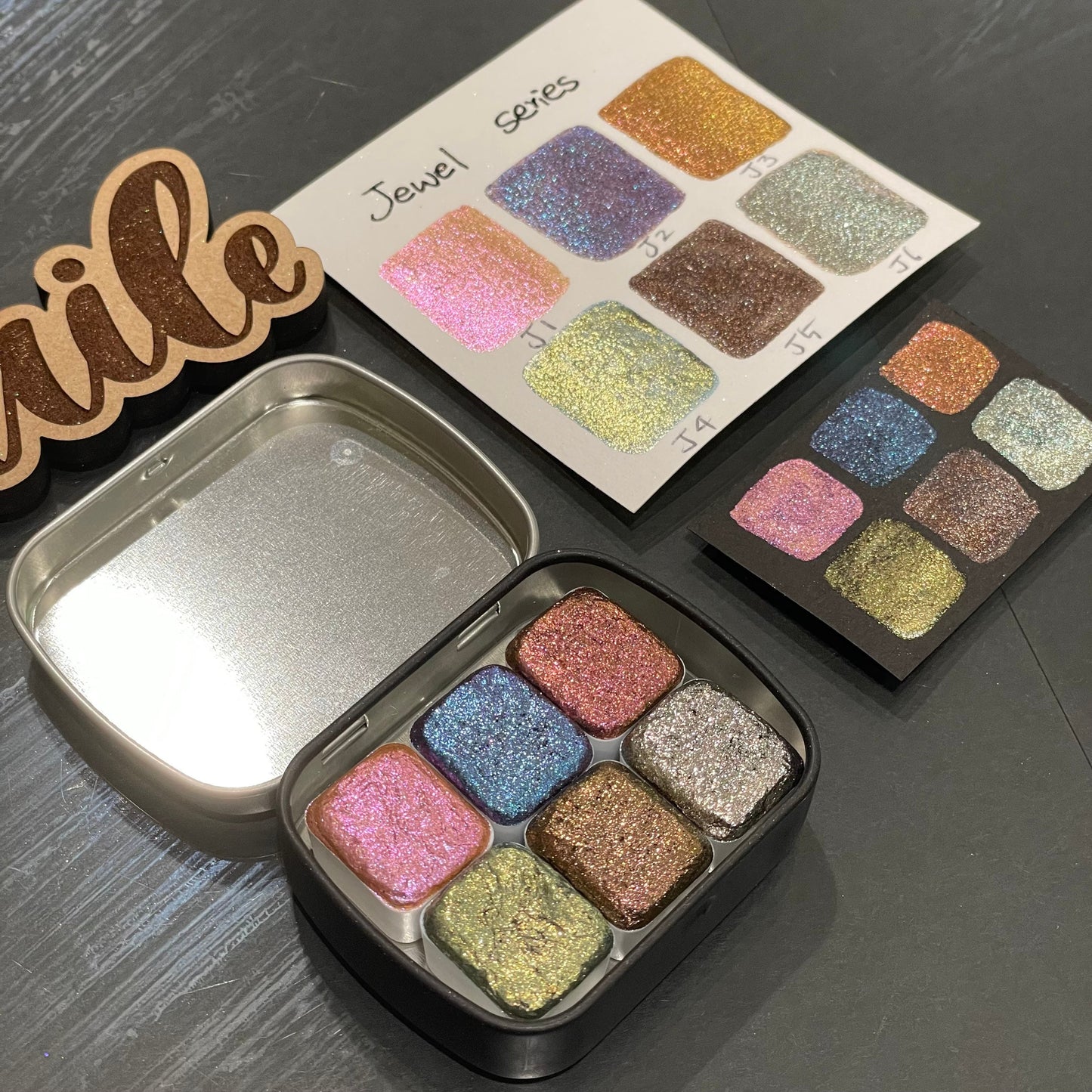 Last Chance! Jewel set handmade watercolor paints half pans in tin case