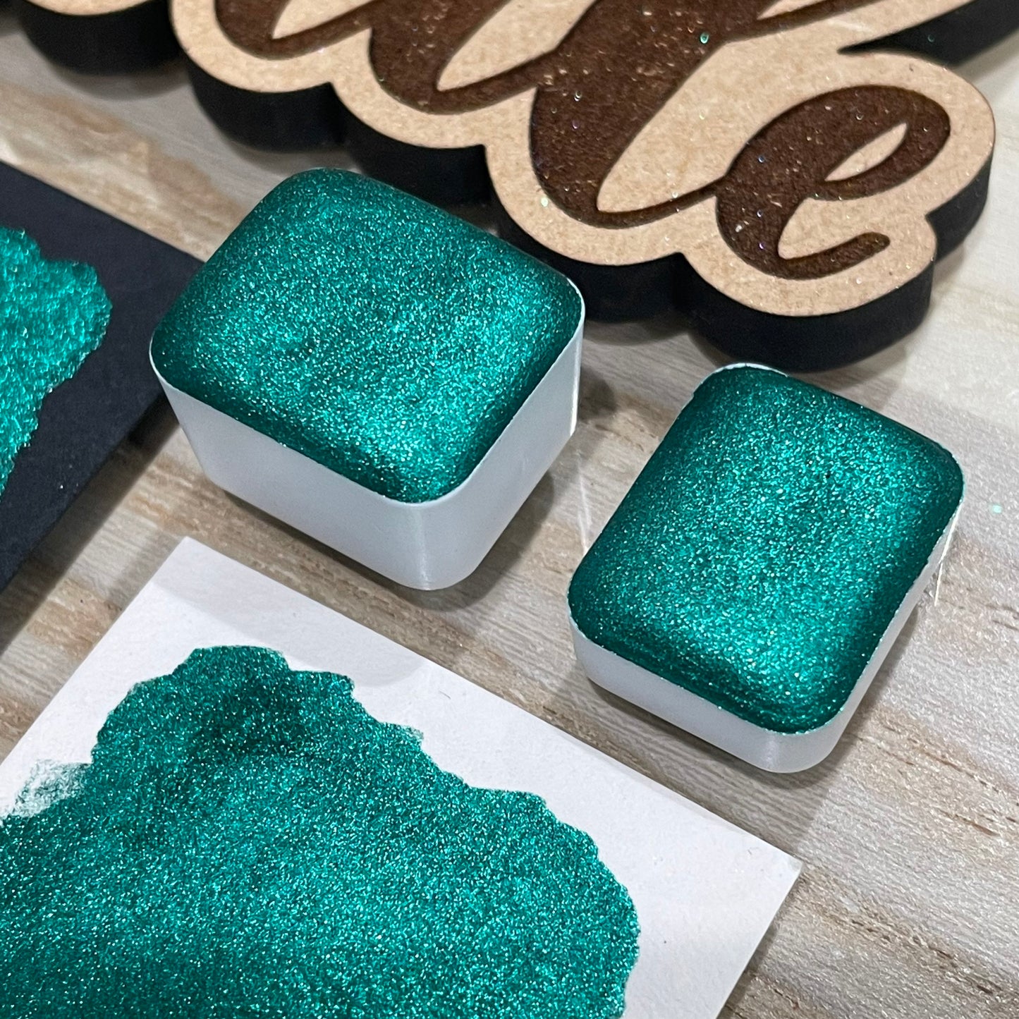 Green Christmas handmade watercolor paints half pan