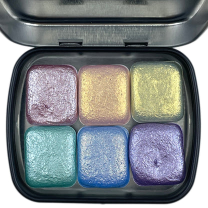 Rainbow3 set handmade shimmer metallic watercolor paints half pans in tin case
