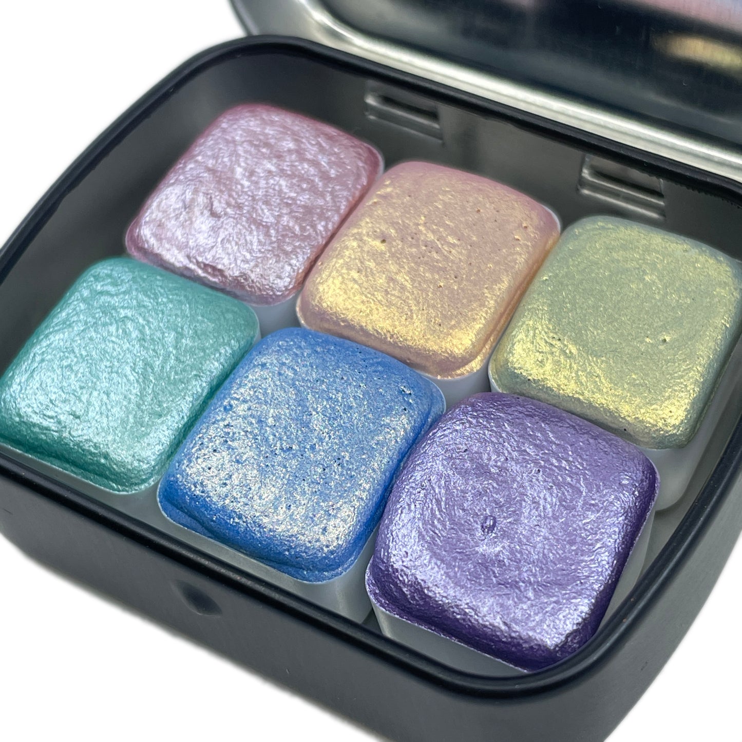 Rainbow3 set handmade shimmer metallic watercolor paints half pans in tin case