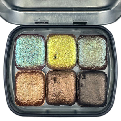 Brown set handmade watercolor paints half pans in tin case