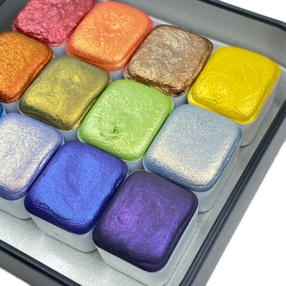 last chance! Mica H12 D set Handmade Shimmer Watercolor Paint half pans