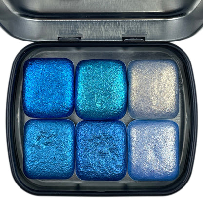 Blue set (renewed) handmade watercolor paints half pans in tin case