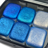 Blue set (renewed) handmade watercolor paints half pans in tin case