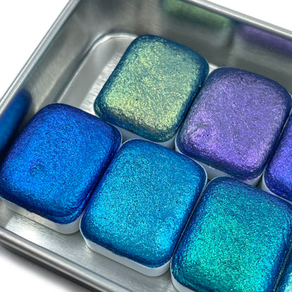 Oceans8 Quarter Pan Handmade Color Shift Aurora Shimmer Metallic Chameleon Watercolor Paints by iuilewatercolors