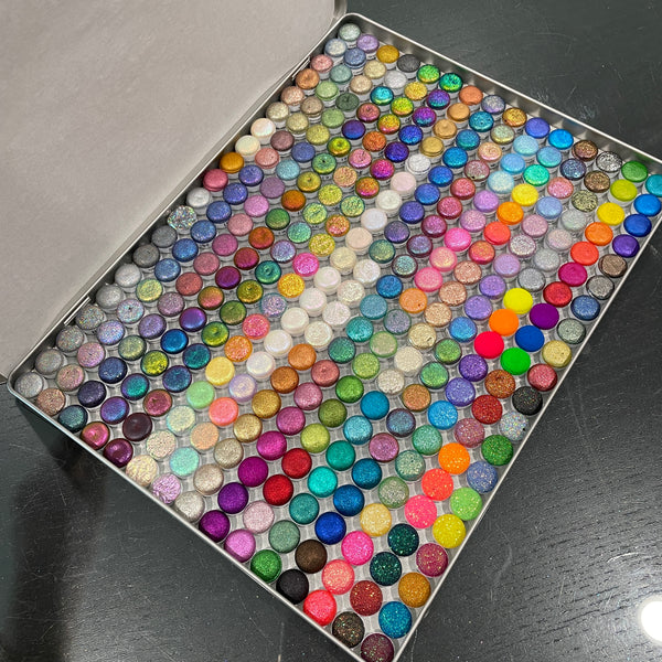 Mega Button Set Completed iuilewatercolors handmade Shimmer Colorshift Chameleon Hologram Glitter paints in a tin case