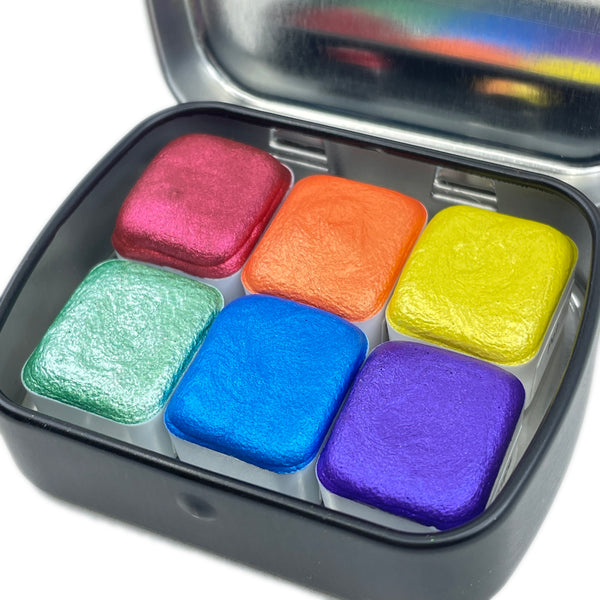 IUILE Handmade Watercolor Paints, Rainbow1 Half Pan Set (6 Colors) in Tin Case, Metallic Shiny Iridescent Colors. for Artists, Hobbyists, Students.