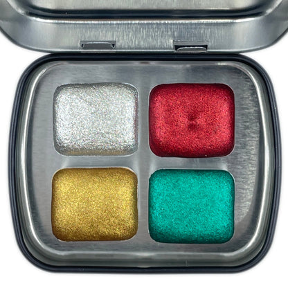 Merry Christmas set 4 Half Pan Handmade Chrome Shimmer Metallic Watercolor Paints by iuilewatercolors