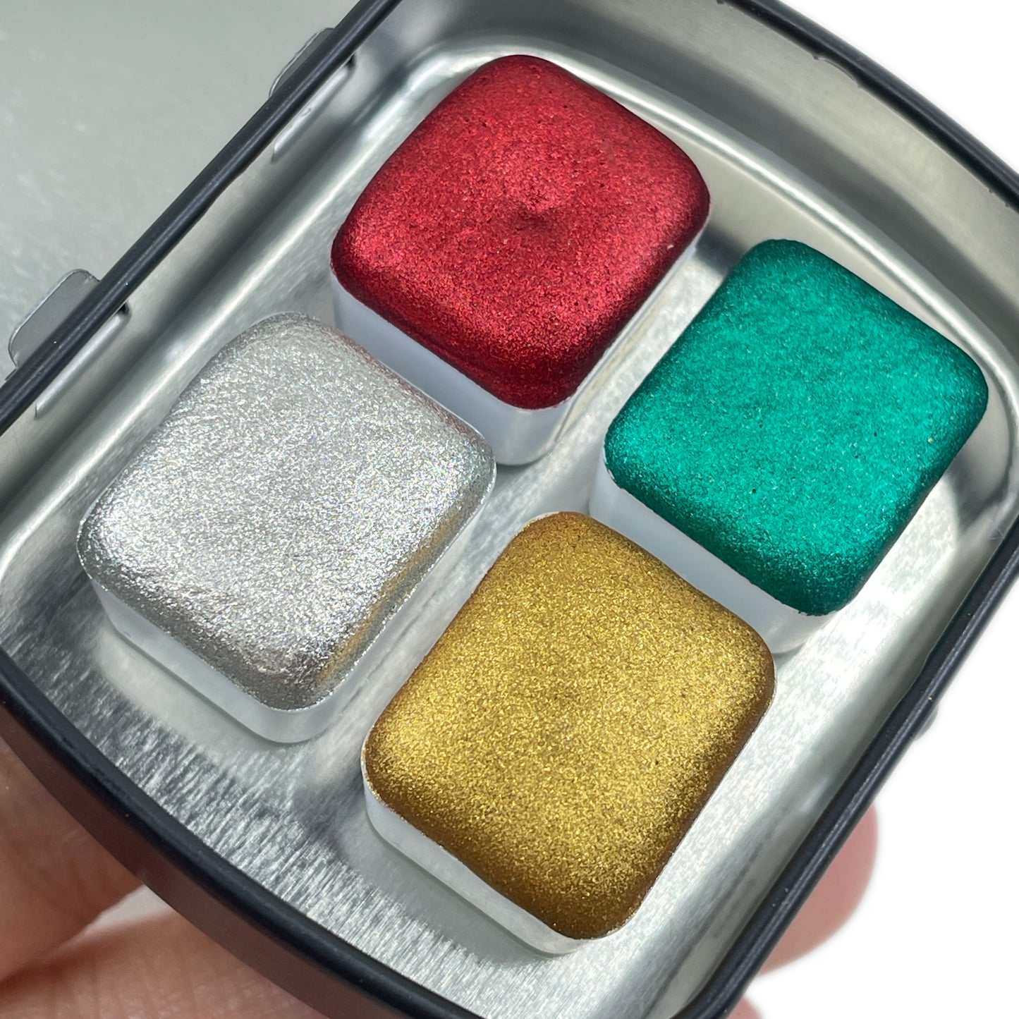 Merry Christmas set 4 Half Pan Handmade Chrome Shimmer Metallic Watercolor Paints by iuilewatercolors