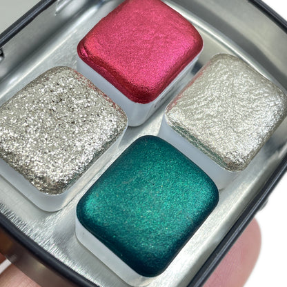 Jingle Bell set 4 Half Pan Handmade Mica Shimmer Metallic Watercolor Paints by iuilewatercolors