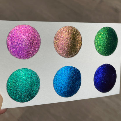Vivid Q6 Quarter Pan Handmade Color Shift Aurora Shimmer Metallic Chameleon Watercolor Paints by iuilewatercolors