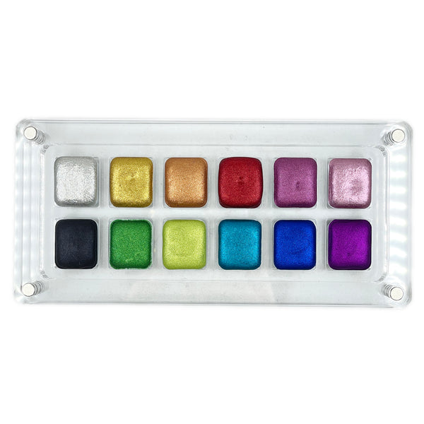 12 Christmas Half Pan Set in Acrylic Case Handmade Shimmer Metallic Watercolor Paints by iuilewatercolors