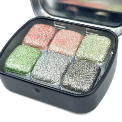 last chance! The Planet Set Half Pan Handmade  Shimmer Metallic Chameleon Glitter Watercolor Paints by iuilewatercolors
