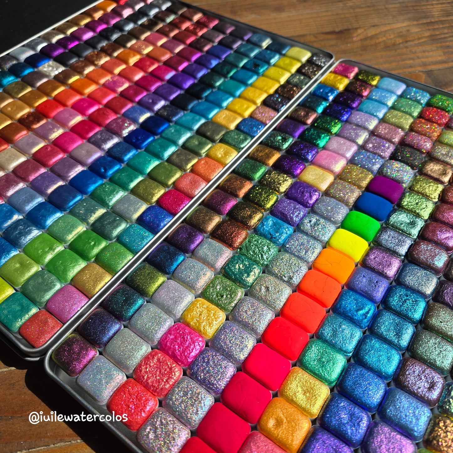 Mega Half Set Completed iuilewatercolors handmade Shimmer Colorshift Chameleon Hologram Mica Glitter paints in 2 tin cases