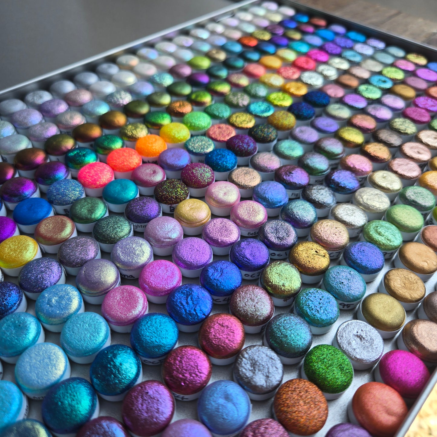 Mega Button Set Completed iuilewatercolors handmade Shimmer Colorshift Chameleon Hologram Glitter paints in a tin case