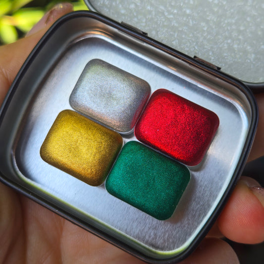 Quarter Merry Christmas set 4 Pan Handmade Chrome Shimmer Metallic Watercolor Paints