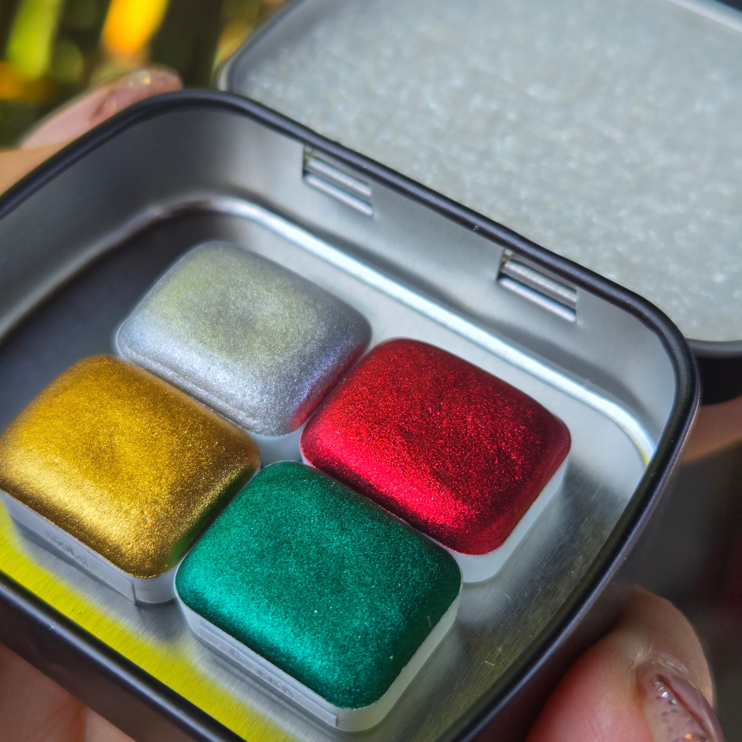 Quarter Merry Christmas set 4 Pan Handmade Chrome Shimmer Metallic Watercolor Paints
