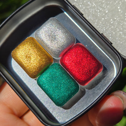 Quarter Merry Christmas set 4 Pan Handmade Chrome Shimmer Metallic Watercolor Paints