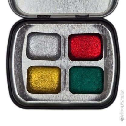 Quarter Merry Christmas set 4 Pan Handmade Chrome Shimmer Metallic Watercolor Paints
