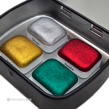 Quarter Merry Christmas set 4 Pan Handmade Chrome Shimmer Metallic Watercolor Paints