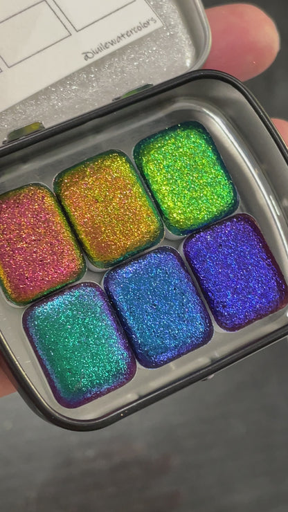 Vivid Q6 Quarter Pan Handmade Color Shift Aurora Shimmer Metallic Chameleon Watercolor Paints by iuilewatercolors