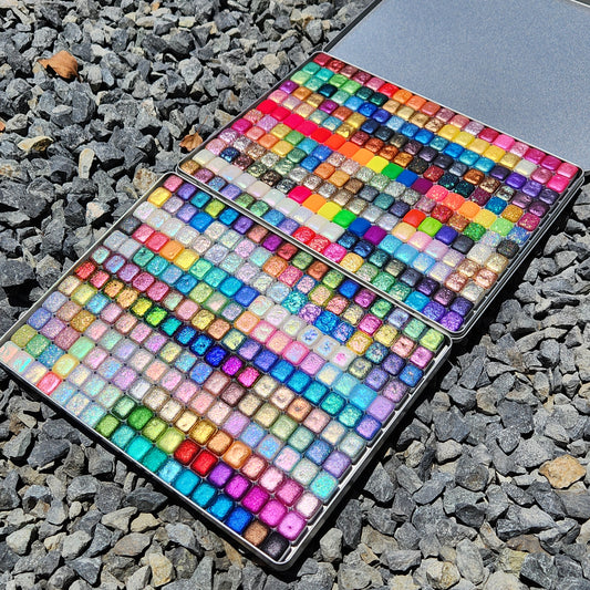 Mega Half Set Completed iuilewatercolors handmade Shimmer Colorshift Chameleon Hologram Mica Glitter paints in 2 tin cases