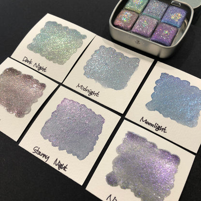 Button Night Series set Handmade Glittery Hologram shimmer watercolor Paint by iuilewatercolors