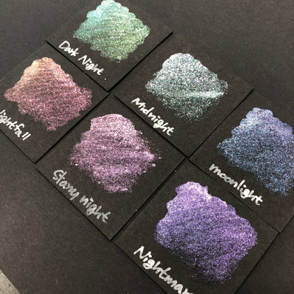 Button Night Series set Handmade Glittery Hologram shimmer watercolor Paint by iuilewatercolors