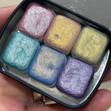 Rainbow3 set handmade shimmer metallic watercolor paints half pans in tin case