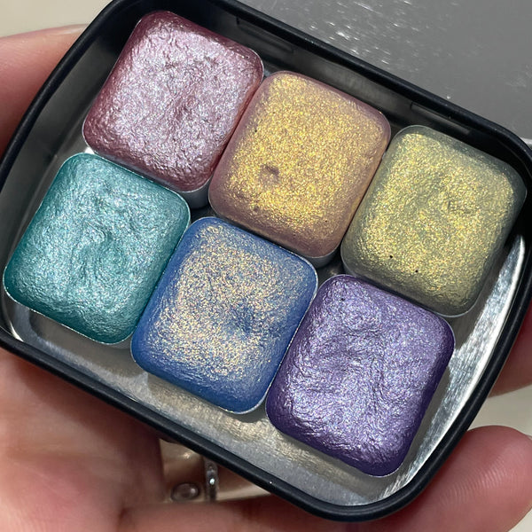 Rainbow3 set (renewed) handmade watercolor paints half pans in tin case
