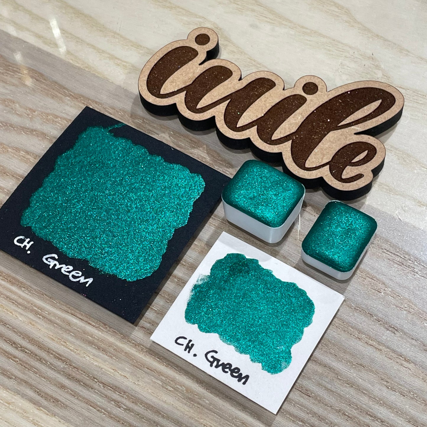 Green Christmas handmade watercolor paints half pan
