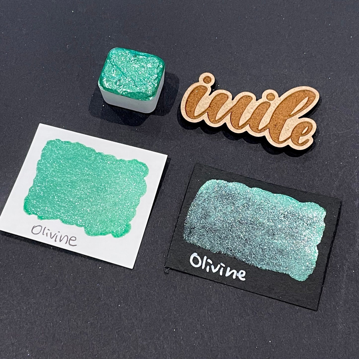 Olivine green Half pan Bling Bling Handmade shimmer watercolor paints